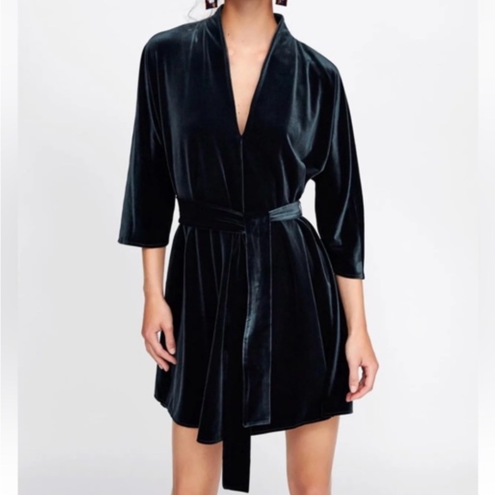 Zara Dark Green Velvet Wrap Kimono Dress